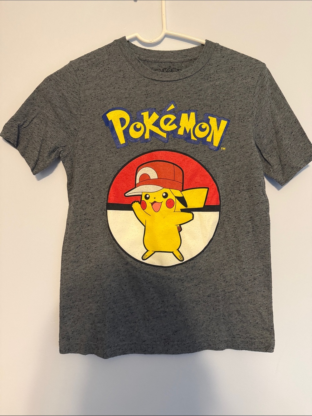 Pokemon Gray Tee with Yellow Pikachu and Red Pokeball Accent